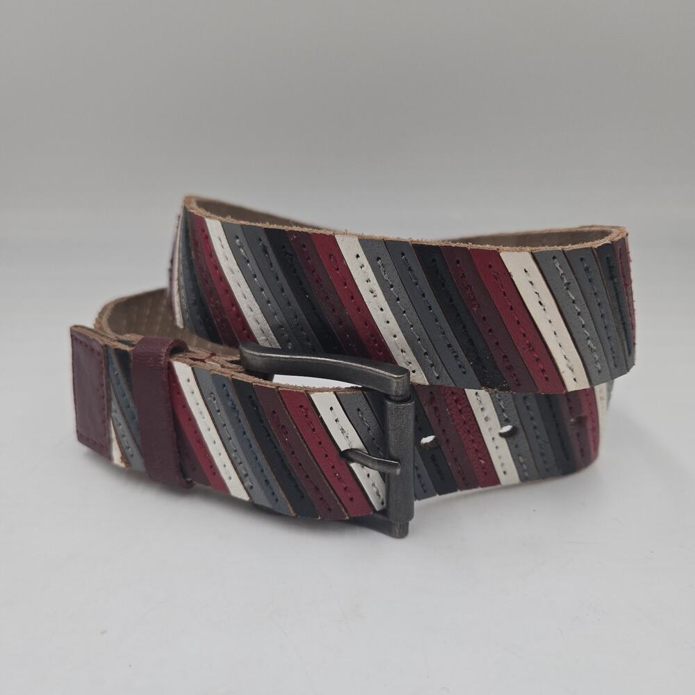 Maui Girl Preppy Twee Red Gray Black Stripe Leather Quality Belt Sz M Fit 35-39"